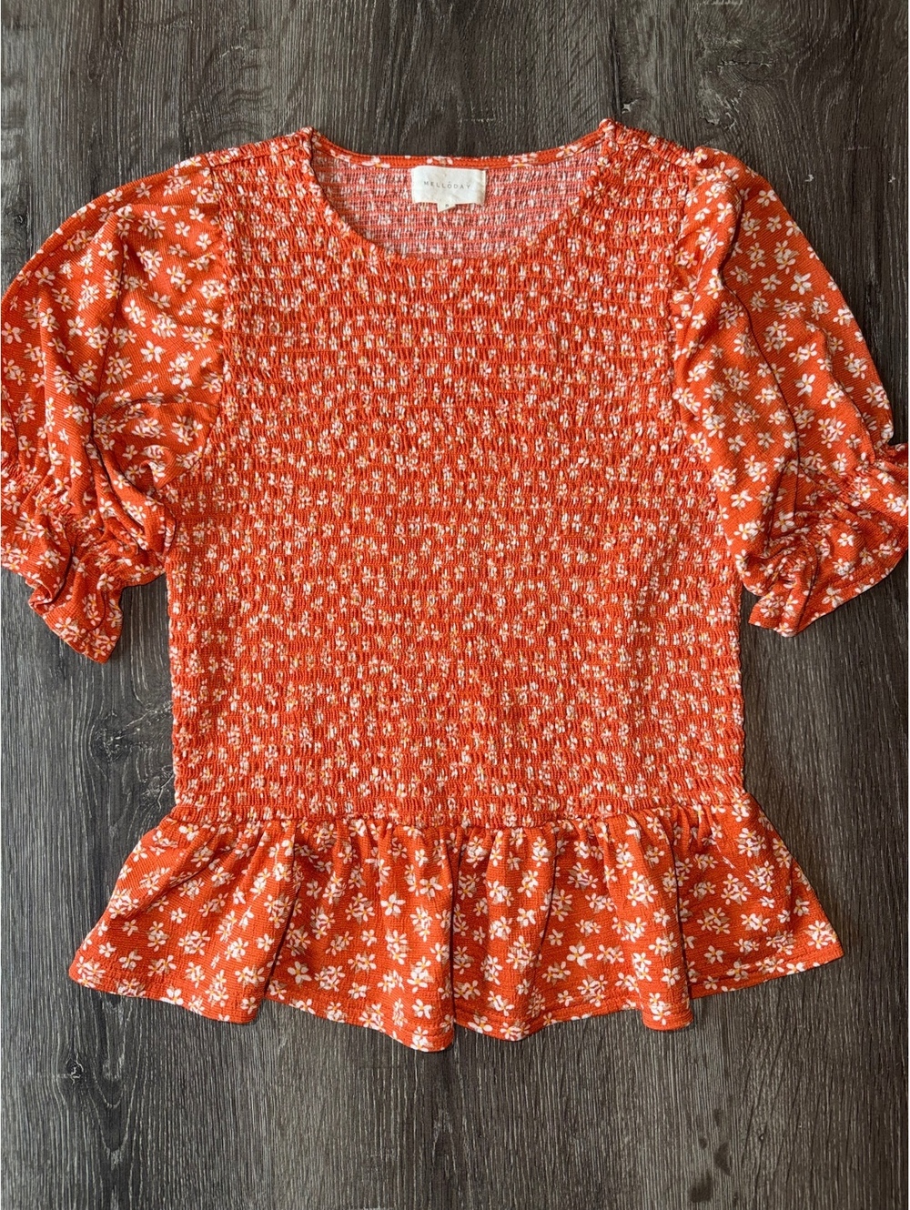 Melloday Orange Floral Smocked Peplum Top Women’s Small Puff Sleeve - Picture 2 of 8